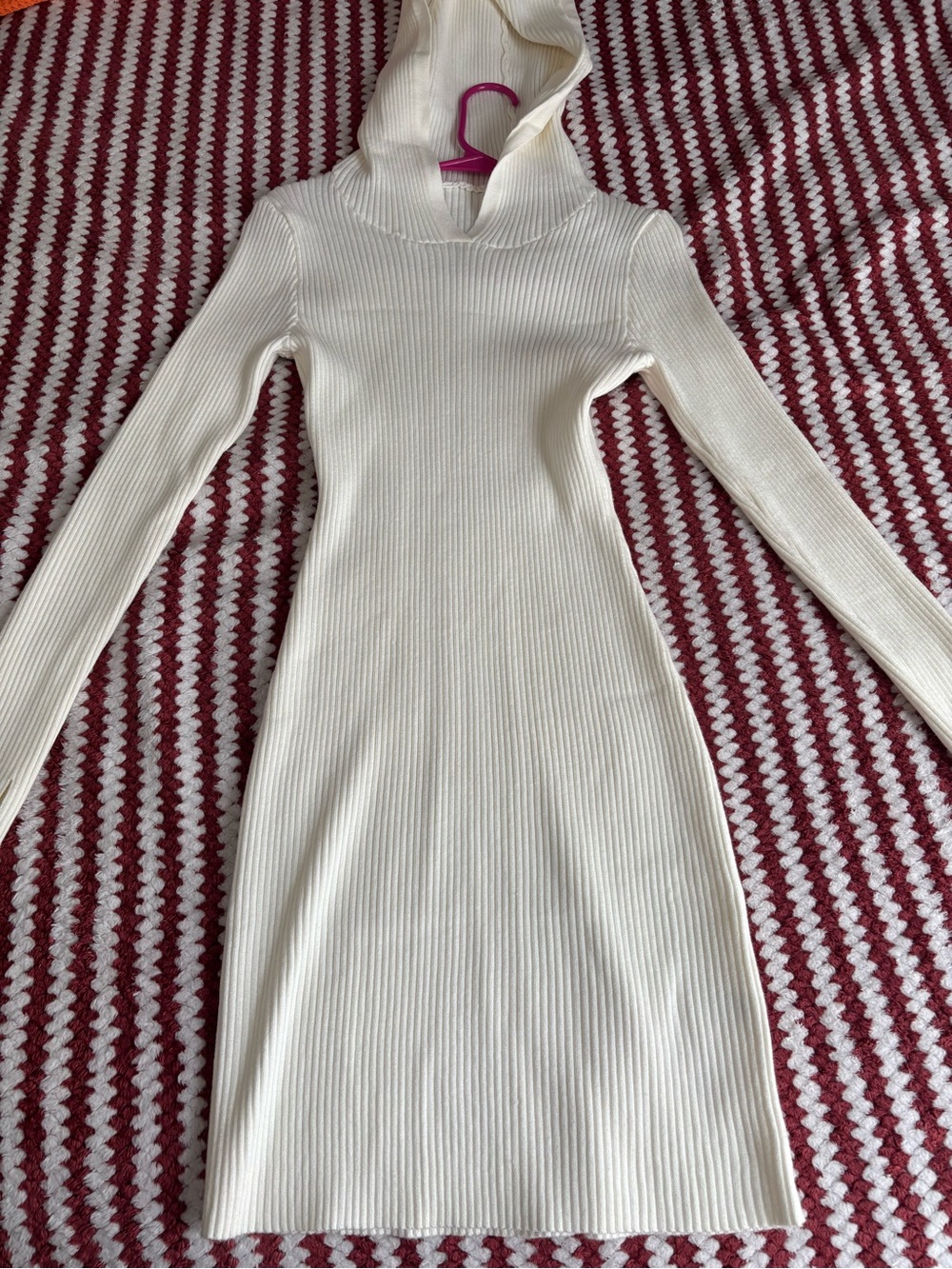 Ribbed Hooded Long-Sleeve Knit Dress in Cream